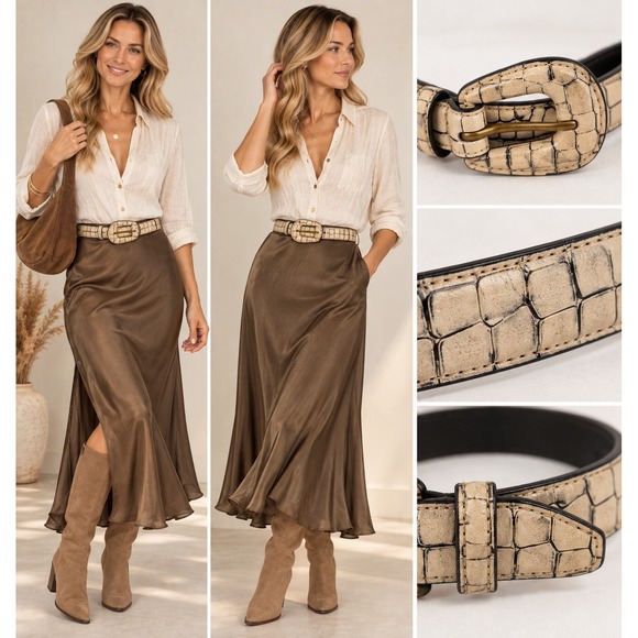 Karen Callan Accessories - Karen Callan Belt M Croc Embossed Leather Covered Buckle Vintage Boho indie